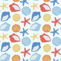 Seamless pattern of colorful seashells and starfish on a light background for beach-themed designs vector
