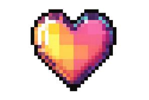 Colorful pixel heart in vibrant shades of pink, orange, and yellow designed with a retro 8-bit style. . vector