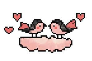 Sweet pixel art depicting two birds on a cloud surrounded by hearts celebrating love and affection. vector