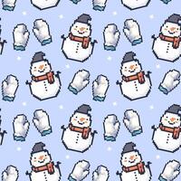 Winter pattern featuring pixelated snowmen and mittens on a light blue background with snowflakes vector