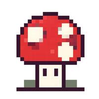 Retro pixel art depiction of a bright red mushroom with white spots on a white background vector