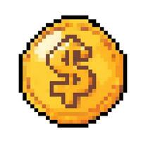 Pixel art coin with dollar sign representing currency, wealth, and finance in a digital style vector