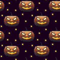 Spooky cartoon pumpkin pattern with grinning faces on a dark background for Halloween themes vector