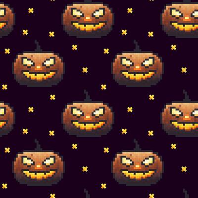 Spooky cartoon pumpkin pattern with grinning faces on a dark background for Halloween themes