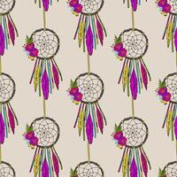 Seamless pattern with hand drawn dreamcatchers and flowers. Boho style. Pattern for textile, packaging, greeting card, invitation. Bohemian talisman. American native tribe amulet. vector