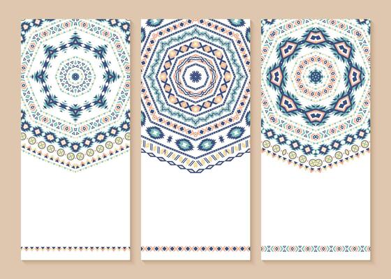 Set of ethnic banners. Stylish tribal geometric backgrounds. Templates for design with aztec illustration ornaments.