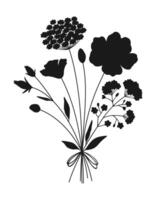 Bouquet of silhouettes of various wildflowers in black color. Hand drawn shapes flowers, meadow herbs, wild plants, and botanical elements for design projects illustration vector