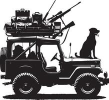Vintage Hunting Jeep Silhouette with Gear and Dog, vector
