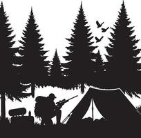Hunter Setting Up Camp in Pine Forest Silhouette. vector