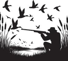 Vintage Hunter Silhouette Shooting at Flying Ducks Over Water with Reeds and Grass. vector