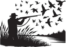 Vintage Duck Hunting Silhouette. Hunter Shooting at Ducks Over Water with Reeds and Tall Grass. vector