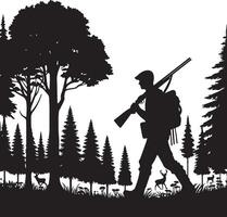 Silhouette of Hunter Walking in Dense Forest with Rifle on Shoulder. vector