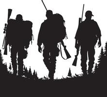 Silhouette of Hunting Group Walking with Rifles and Backpacks. Hunting Team Trekking Silhouette vector