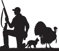 Turkey Hunter Silhouette. Kneeling Hunter with Rifle and Nearby Turkey. Wild Game Art. vector