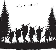 Hunting Party in Forest Silhouette. Hunting Group Walking with Rifles and Backpacks Silhouette vector