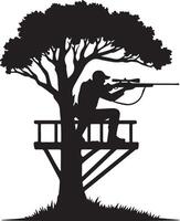 Silhouette of Hunter Aiming from Tree Stand, Rifle Pointing Downward , Elevated Deer Hunting vector