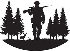 Silhouette of Hunter Walking in Dense Forest with Rifle on Shoulder, vector