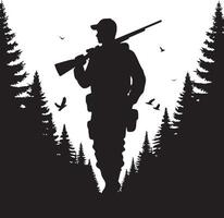 Hunter Walking in Forest with Rifle Silhouette. vector