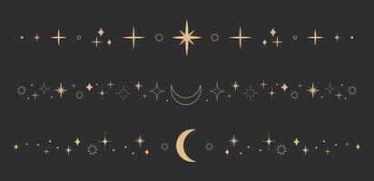 Sparkling gold celestial dividers in flat linear style. Perfect for mystical invitations, girly stickers, and festive decor. Mystical celestial border divider with stars, moons, and sparkles vector