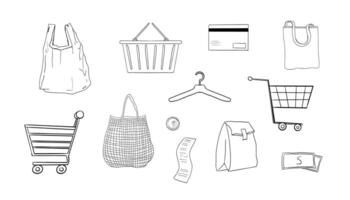 Stylish set of hand-drawn ecommerce and retail elements discount tag, sketchy basket, money, store icon, and coupon. Isolated art for modern market and purchase design. vector