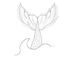 Geometric mermaid tail silhouette in fine line tattoo style. Minimalist ocean icon with underwater and fairy tale feel. design for skin art or mythology themes vector