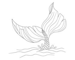 Mermaid tale fin line tattoo sketch hand drawn. Sea life, tail with scale textured, geometric elegant outline with marine elements vector