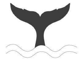 Whale Tale ocean animal, mammal tail line sketch. Vintage simple silhouette with waves. Minimalistic simple tattoo drawing. vector