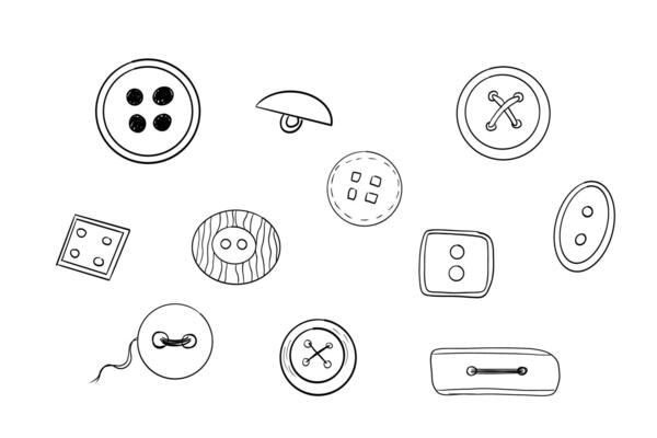 Button sewing item hand drawn line doodle sketch. Plastic vintage cloth button collection. Various sewing tailor accessories.