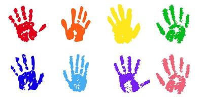 Hand rainbow print, color paint stain, handprint set. Happy childhood artistic kids stamp collection. Abstract handprint, vibrant paint splashes. Creative symbols children art vector