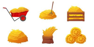 Hay bale and straw bundle collection. Rural farming elements like hayricks, corn crops, rake, and wheelbarrow. Flat set for agriculture, pasture, or ranch use. Isolated on white. vector