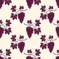 Pattern of bunches of ripe grapes, grapevine with burgundy berries, silhouette of grapevine on cream background. vector