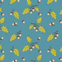 Autumn pattern with oak acorns, acorns on blue pastel background. Seasonal ornament. Endless texture can be used for web design, printing onto fabric and paper or scrapbooking. vector