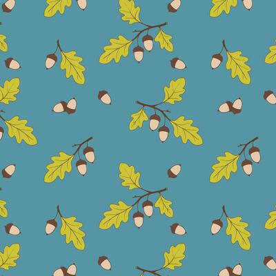 Autumn pattern with oak acorns, acorns on blue pastel background. Seasonal ornament. Endless texture can be used for web design, printing onto fabric and paper or scrapbooking.