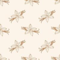 Pattern with aromatic spices Vanilla flowers and vanilla beans. Gold contour drawing on creme background. vector