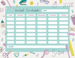 School timetable for kids, printable school schedule for children. Weekly planner for elementary school pupils. Schedule design template with different stationery on a grid backdrop. vector