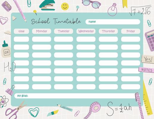 School timetable for kids, printable school schedule for children. Weekly planner for elementary school pupils. Schedule design template with different stationery on a grid backdrop.