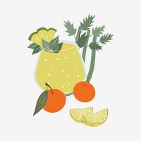 Glass of yellow drink, fruits and vegetable. Healthy vegan smoothie, including celery, pineapple, tangerine, lemon, mint. Menu element for cafe, restaurant. Flat design illustration. vector