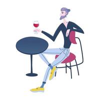 Man holding red wine glass in hand, sitting on modern chair at table. Young man drinking alcohol. Isolated person in bar or cafe, evening or birthday party. Flat design graphic illustration. vector