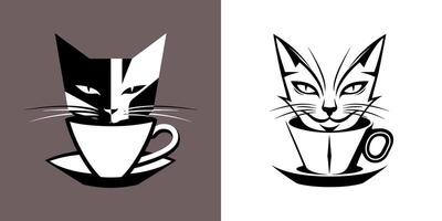 Stylized cat face emerging from coffee cup in duo tone design vector