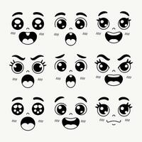 Collection of nine adorable kawaii style cartoon faces expressing various emotions vector