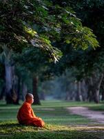 Young buddhist monk meditates in a peaceful forest setting photo