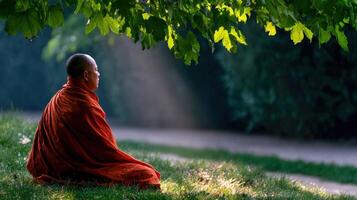 Buddhist monk sits in meditation under tree in the park photo