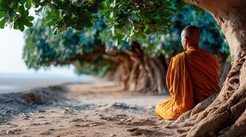 Monk meditates by SE Asian beach photo