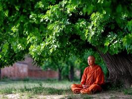 Monk meditates in lotus position under shady tree outdoors photo