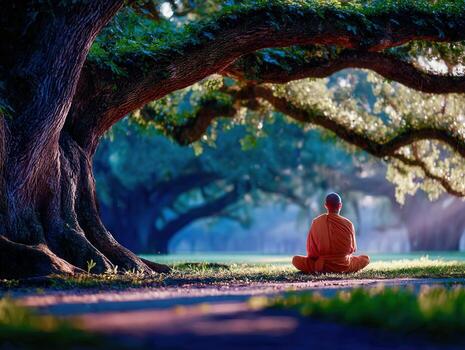 Monk meditates beneath a large tree at a park in early morning photo