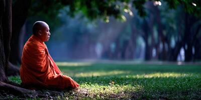 Monk meditates under a tree in a peaceful park in the morning photo