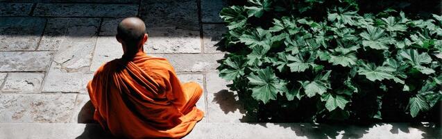 Monk in orange robe meditates on paved stone near green plants photo