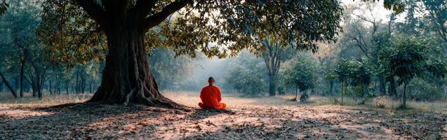 Monk meditates beneath a large tree in a serene forest landscape photo