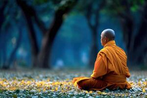 Monk sitting in meditation in a forest during the daytime photo