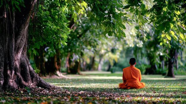 Monk meditating in lotus position under a tree in Asia photo